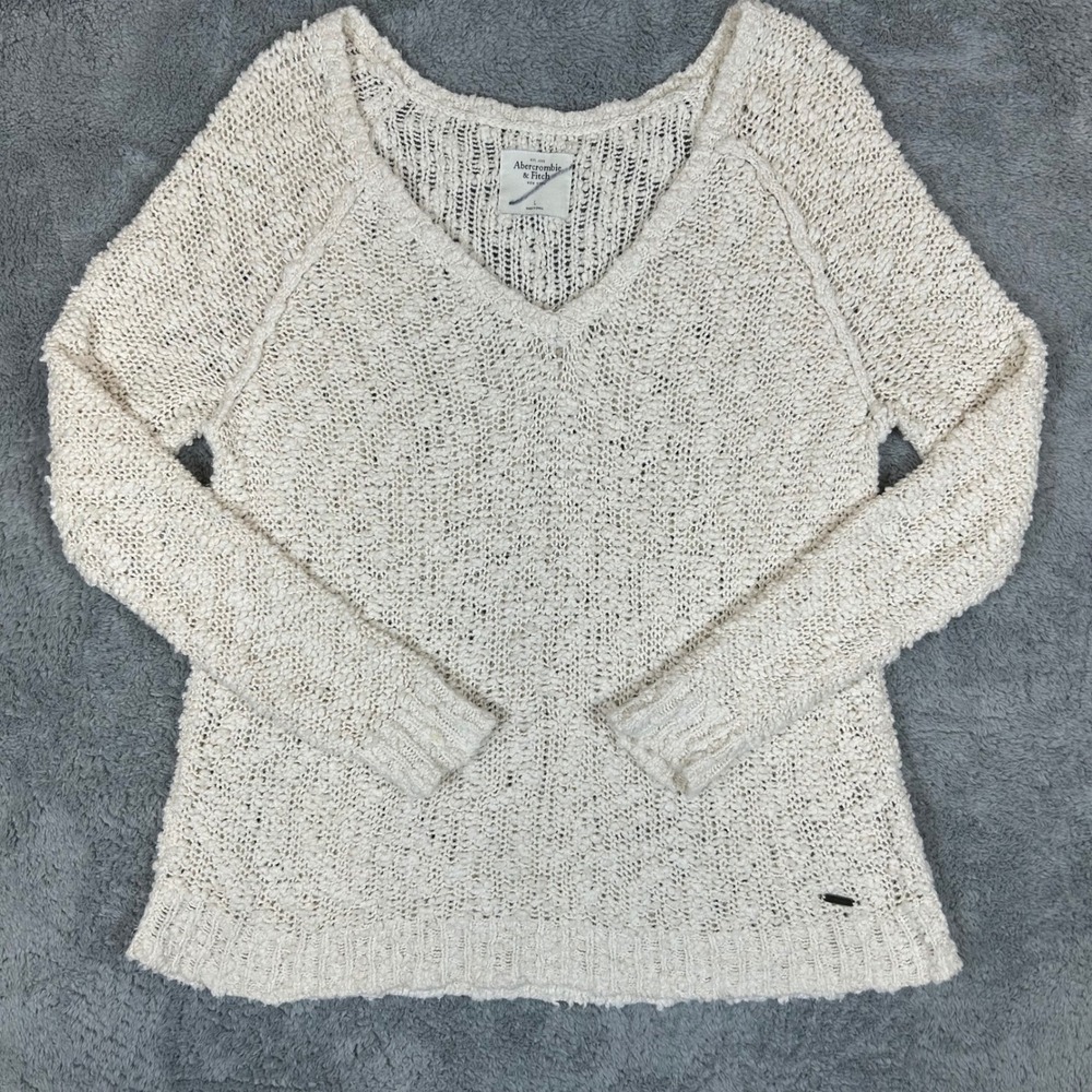Abercrombie & Fitch Cream Popcorn Knit V-Neck Sweater Large Off-White Raglan
